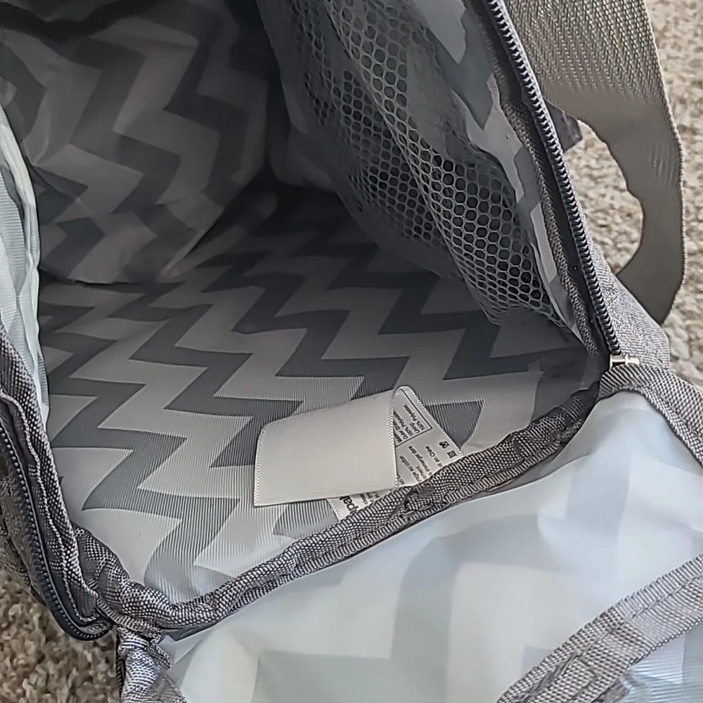 Multi Access Grey Baby Bag With Cheveron Interior